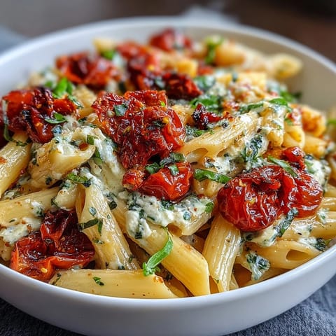 Golden baked feta pasta glistening with juicy bursting cherry tomatoes and fresh basil.
