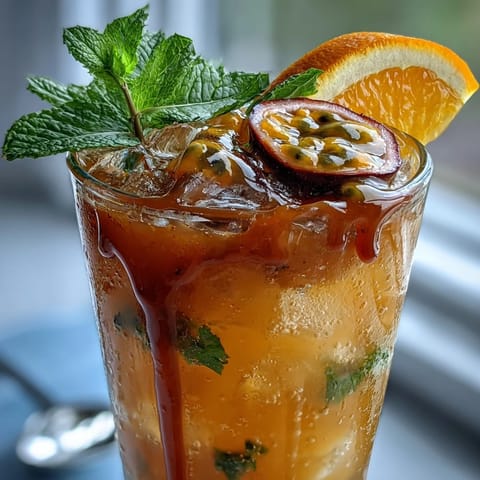 Refreshing Tropical Sunrise Mocktail, showcasing colorful layers and a citrus garnish.