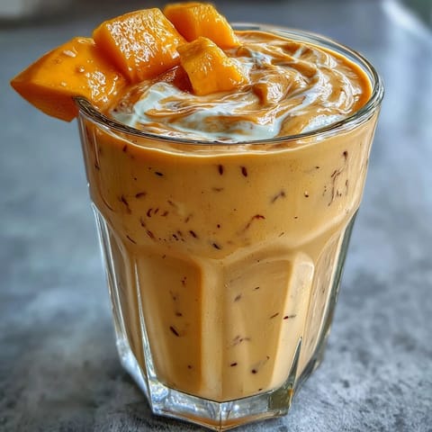 Creamy mango lassi smoothie with aromatic cardamom, a perfect refreshing Indian beverage.