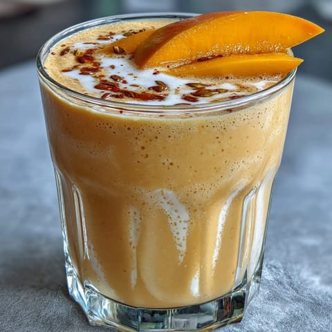 Velvety mango lassi smoothie, brightened with cardamom, ready to enjoy in minutes.