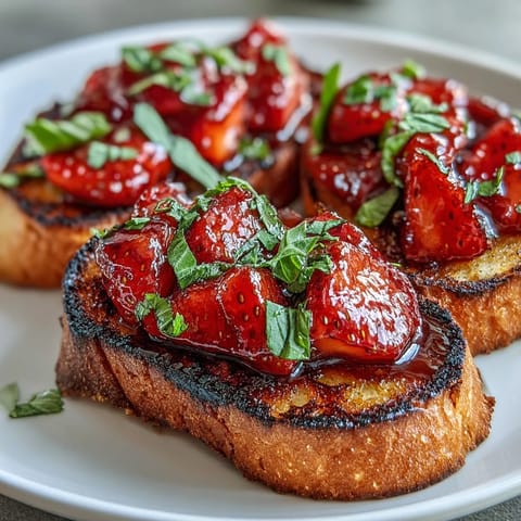 Juicy Strawberry Balsamic Bruschetta brightens grilled sourdough with fresh basil.