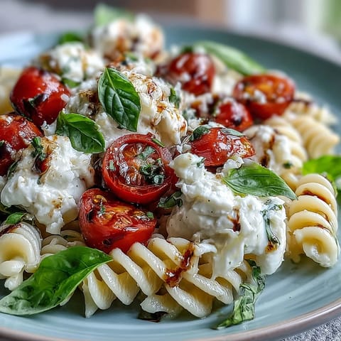 Summer Caprese Pasta with Burrata: creamy cheese atop vibrant tomatoes and basil pasta.