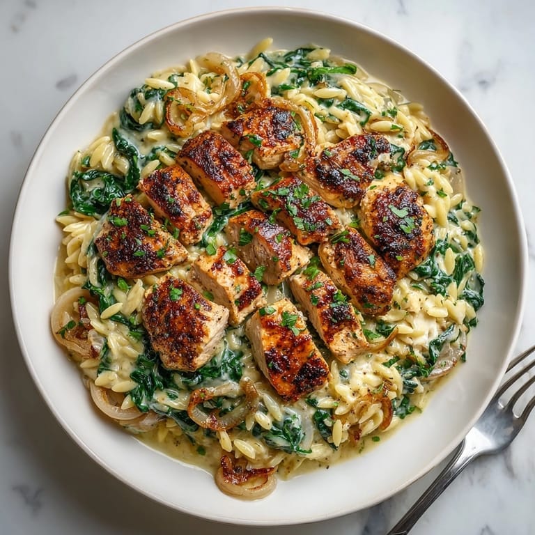 Savor homemade Skillet Creamy Chicken &amp; Spinach Orzo: a satisfying, flavorful weeknight dinner.