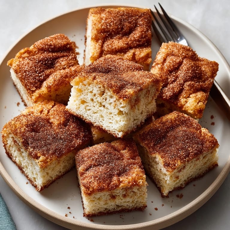 Close-up of soft, chewy Cinnamon Sugar Snickerdoodle Blondies, sprinkled with cinnamon and sugar.