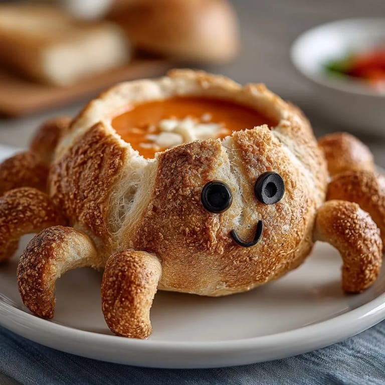 Fresh-baked Spider Bread Bowl resting on a wooden board, oozing warm tomato soup.