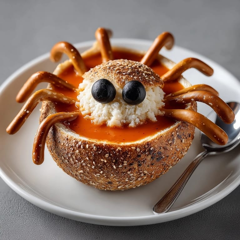 Halloween party appetizer: Spider Bread Bowl with its rich tomato soup dip, ready to serve.