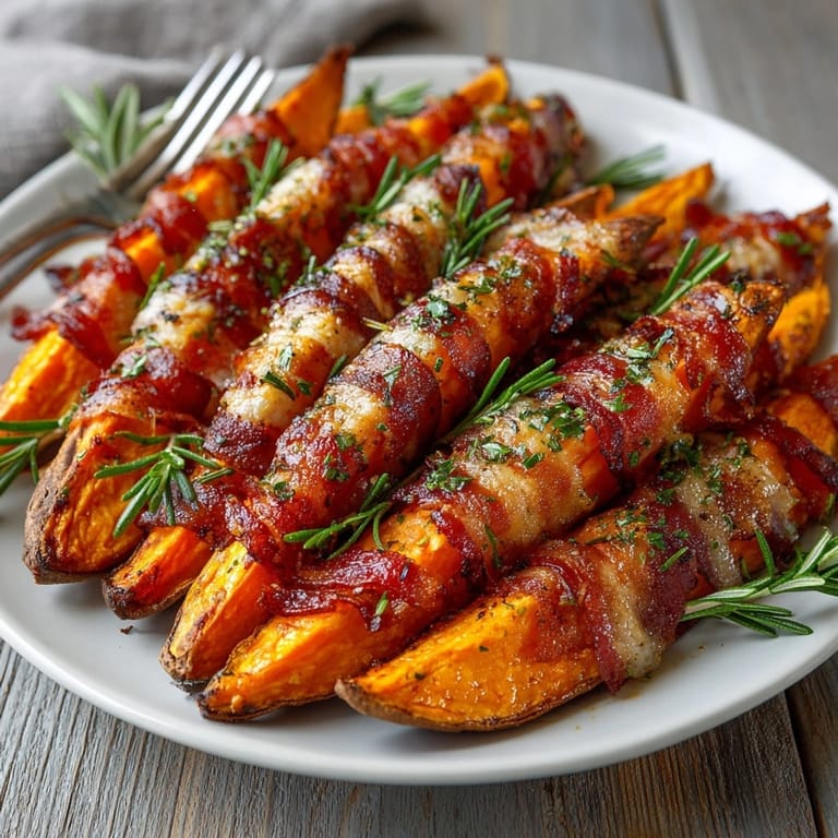 Golden-brown bacon-wrapped sweet potato wedges recipe; a delicious, smoky-sweet side dish.