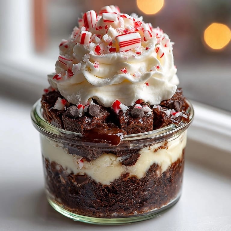 Festive Candy Cane Brownie Trifle Jars, a creamy peppermint and brownie dessert.