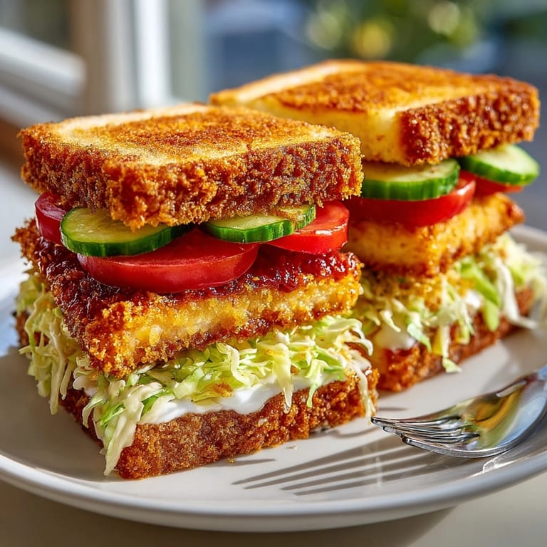Golden-brown Tofu Katsu Sandwich on a toasted roll, showcasing crispy panko breading.