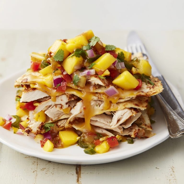 Stacked Mango BBQ Chicken Tortillas; a vibrant, homemade recipe for easy weeknight meals.