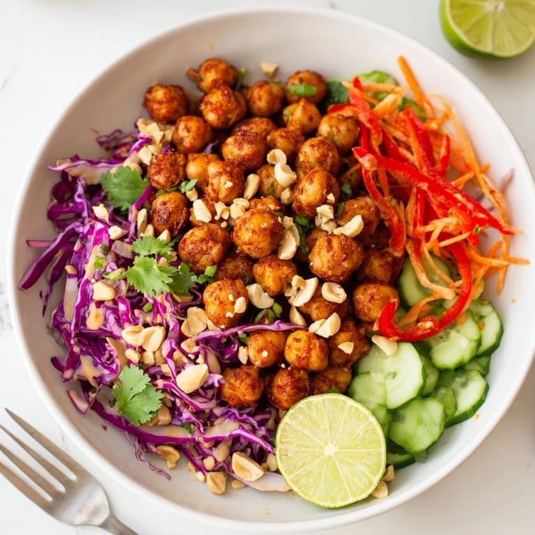 Crispy chickpeas and vibrant veggies tossed in rich peanut sauce: Thai Peanut Salad.