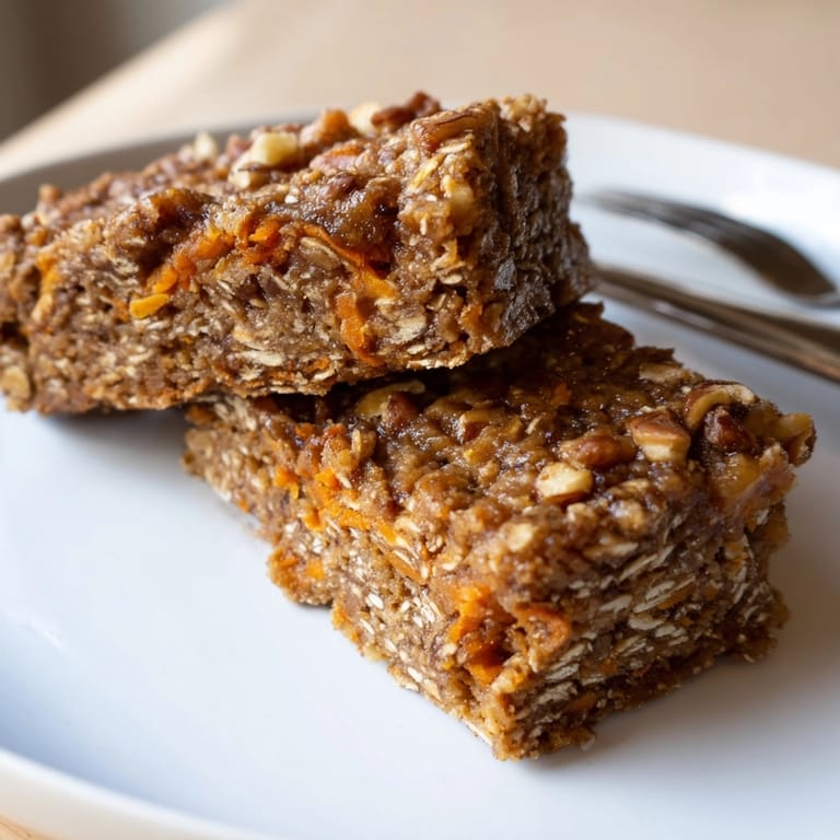 Close-up of soft Peanut Butter Carrot Cake Oat Bars, studded with carrots and nuts.