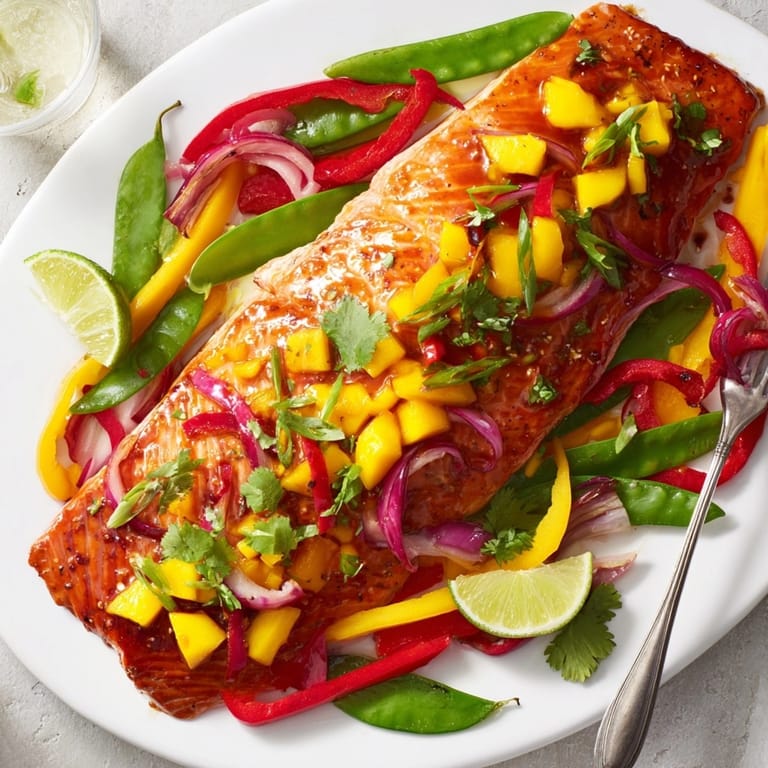 Close-up of the baked Mango Lime Salmon Sheet Pan, a healthy oven dinner.
