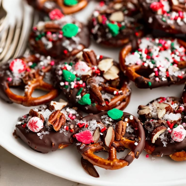 Deliciously sweet and salty chocolate-coated pretzel thins sprinkled with crushed peppermint.  