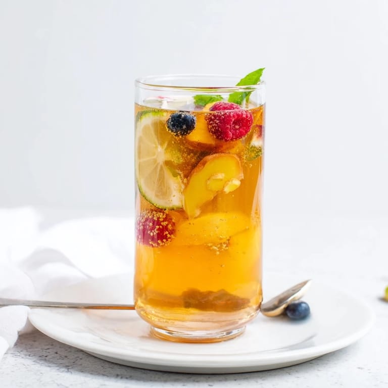 Homemade kombucha-style mocktails bubbling with flavor and vibrant citrus slices.  