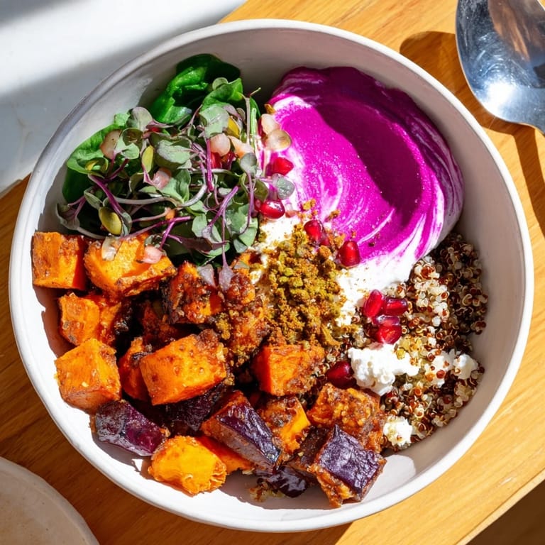 Delicious winter bowls filled with quinoa, roasted vegetables, and pistachio-maple crumble.  