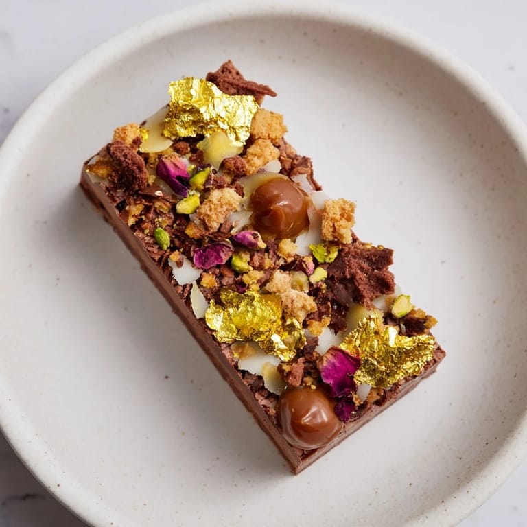 Rich, chocolate bar inspired creations garnished with edible gold leaf and rose petals.  