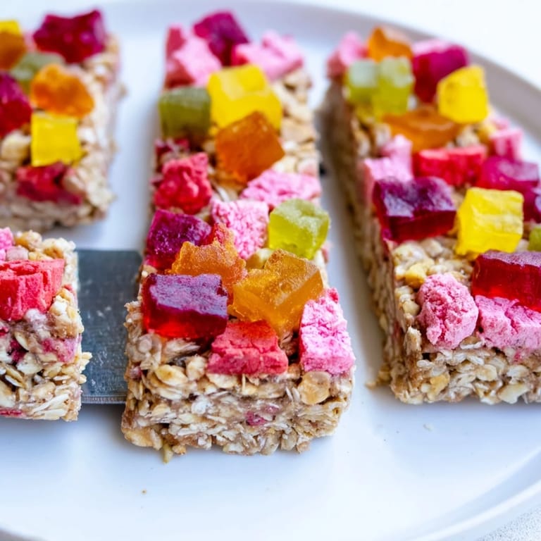 Vibrant DIY snack bars featuring wholesome oats and chewy homemade gummies.