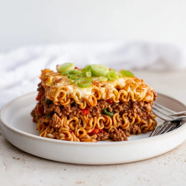 Indulge in Spicy Ramen Lasagna, featuring creamy cheese and bold, spicy pork flavors.  