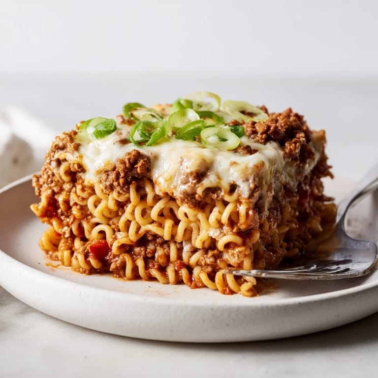Enjoy a slice of Spicy Ramen Lasagna, a unique fusion of savory comfort foods.