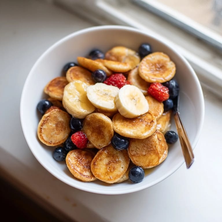 Bite-sized pancake cereal, fluffy and crispy, perfect for milk or honey.  