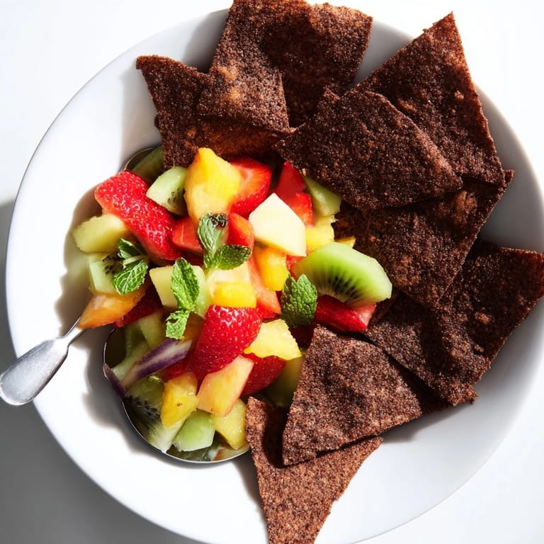 Delicious dessert chips and salsa combining sweet flavors with a tropical twist.