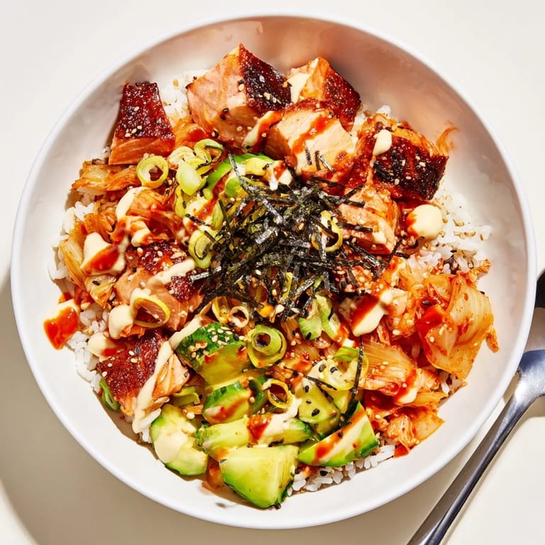 Savory crispy salmon rice bowl with spicy mayo and crunchy garlic bits throughout.