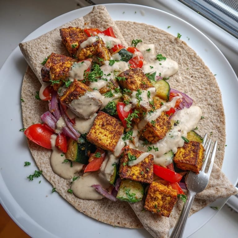 Savory Vegan Viral Recipe showcasing marinated tofu, roasted veggies, and creamy tahini drizzle.