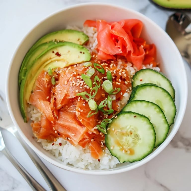 Quick microwave salmon and rice bowl with fresh cucumber and sesame seeds.  