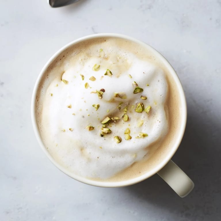 Nutty, sweet pistachio milk latte garnished with crushed pistachios for delightful flavor.