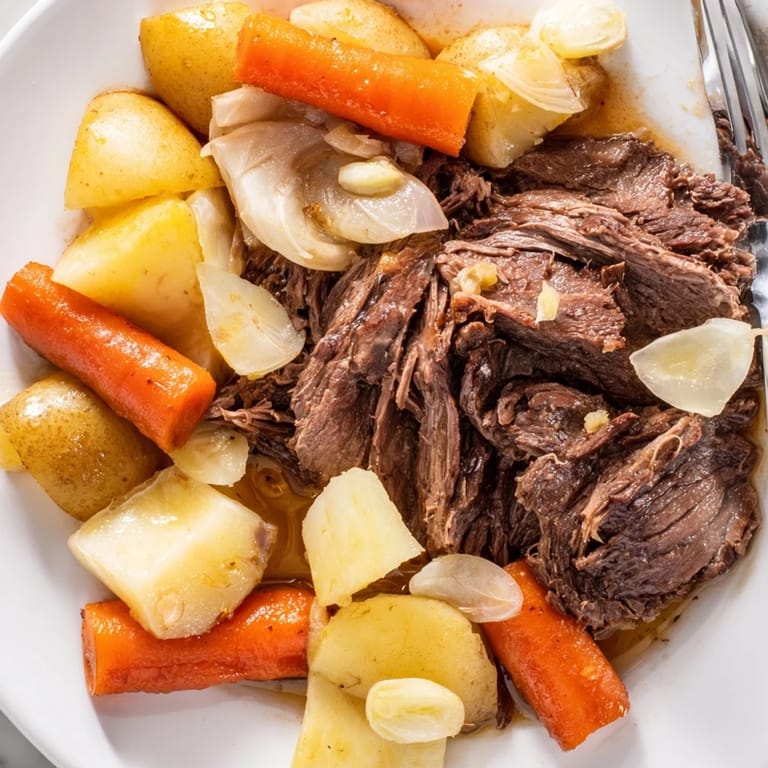 Tender Sunday Pot Roast with carrots and potatoes, perfect for family gatherings.  