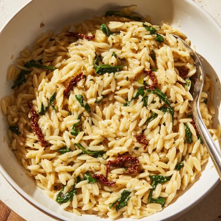 A deliciously comforting Creamy Tuscan Orzo Bowl garnished with Parmesan cheese.  