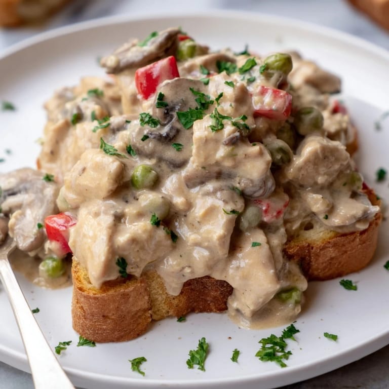 Delicious chicken à la king dish garnished with parsley over warm toast.