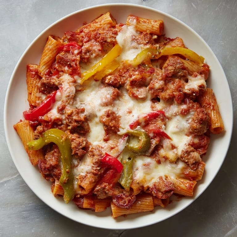 A close-up of a deliciously cheesy baked rigatoni with sausage and peppers, a satisfying Italian-American meal.