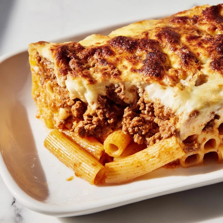 Savory beef filling layered under creamy béchamel, baked to perfection in a delicious Pastitsio.
