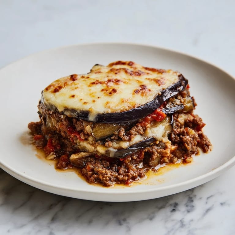 A bubbling dish of Moussaka, showcasing tender eggplant and rich beef beneath a cheesy, creamy topping.