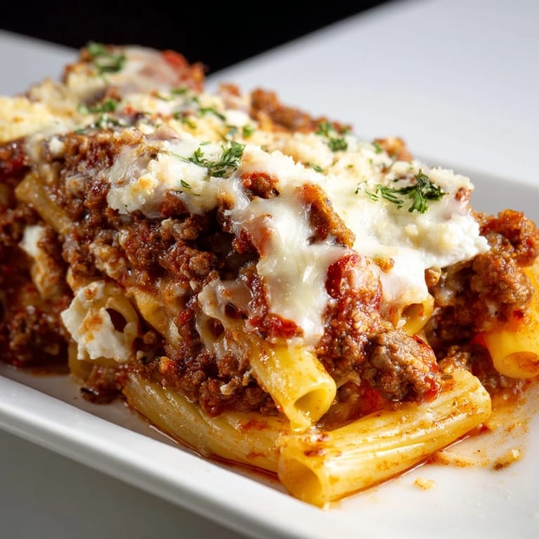 A close-up shot of comforting Baked Ziti with Meat Sauce, showcasing its layers of cheese and pasta.