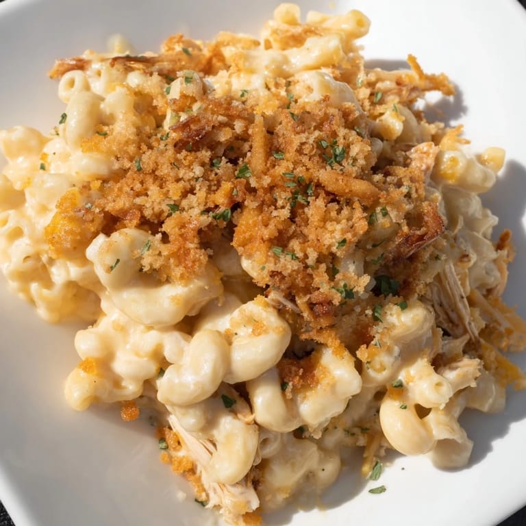 Creamy layers of Classic Mac & Cheese with BBQ Chicken, a delightful blend of smoky and cheesy flavors.
