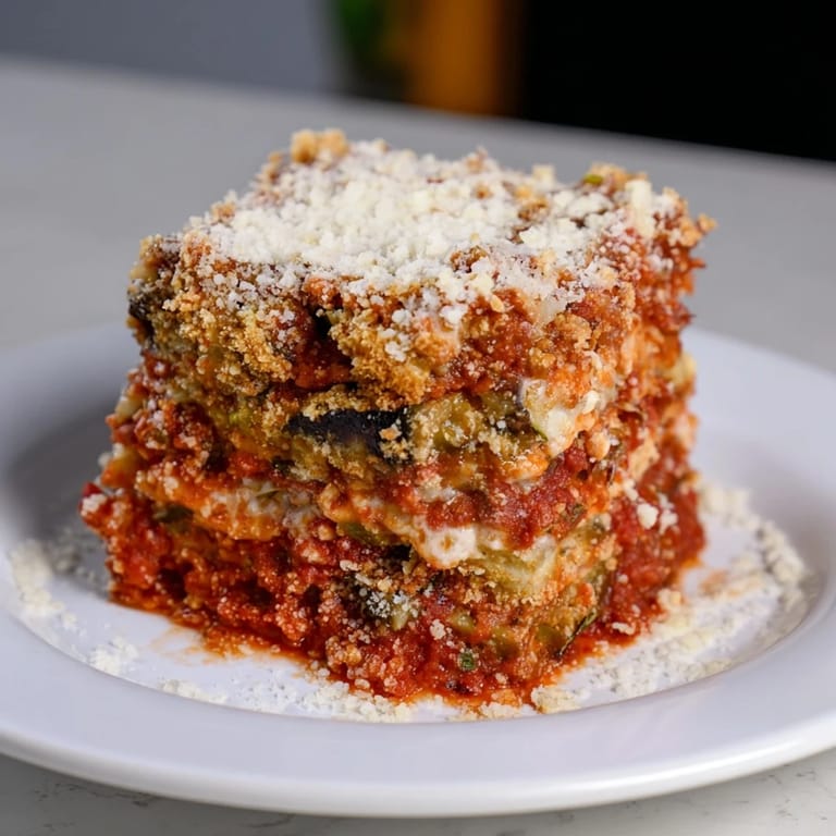Hearty slices of Eggplant Parmesan Lasagna, showing the delicious layers with melted cheese on top.