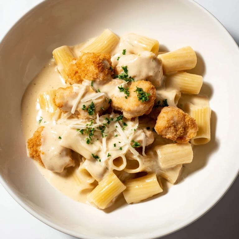 Enjoy a steaming bowl of Creamy Garlic Parmesan Chicken Rigatoni, a comforting Italian-American pasta dish.