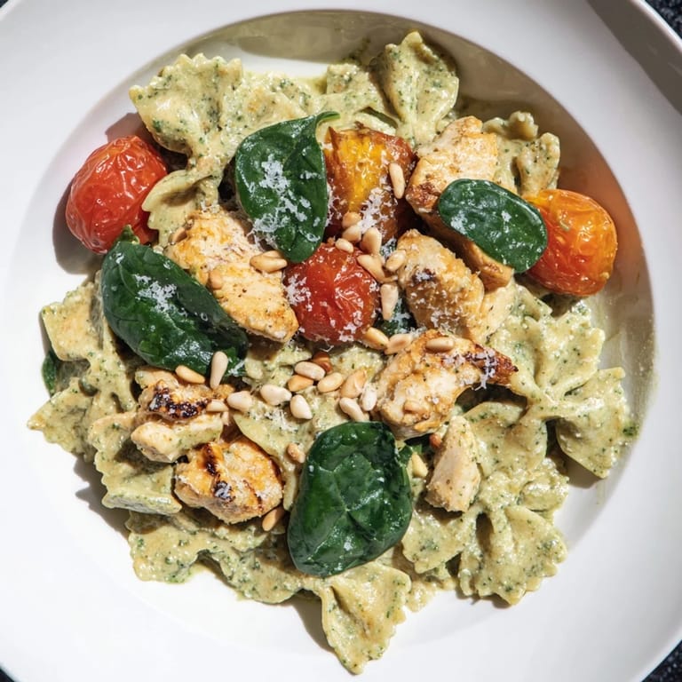 Close-up of pesto chicken bowtie pasta featuring tender chicken and vibrant, green pesto.