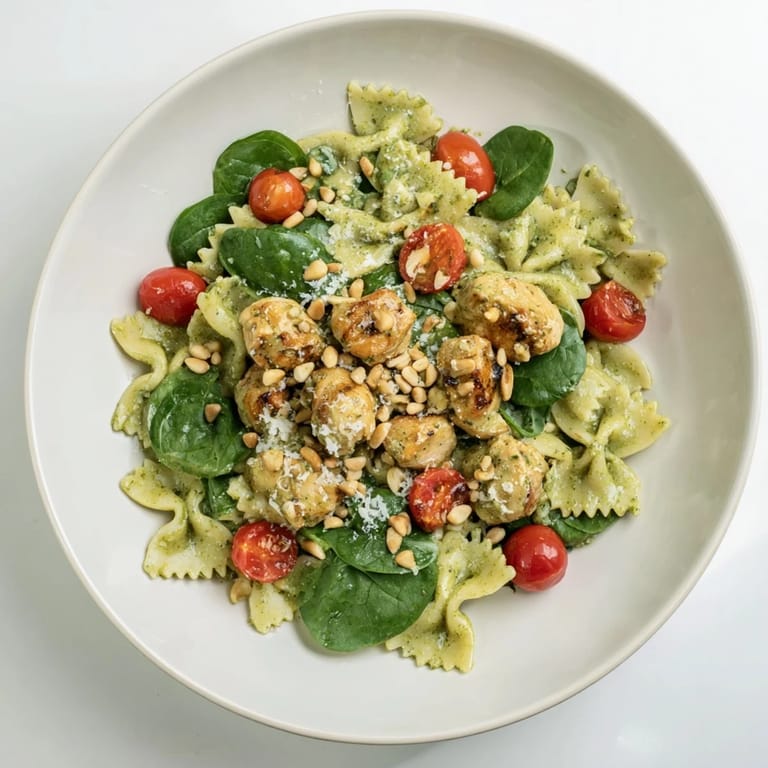 Delicious pesto chicken bowtie pasta served with Parmesan, presenting a quick and simple Italian meal.