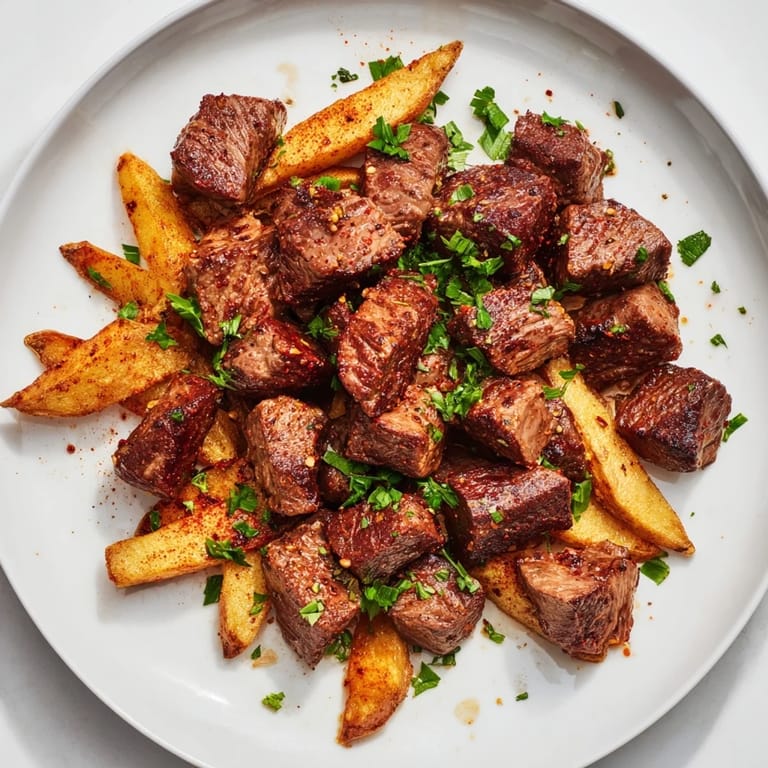 Close-up of Blackened Cajun steak bites with fries, a savory plate ready to be enjoyed as a weeknight meal.
