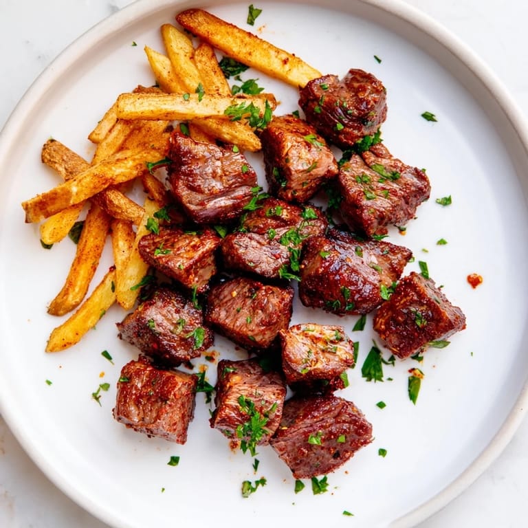 Sizzling Blackened Cajun steak bites with golden fries, an easy and delicious American Cajun dinner.