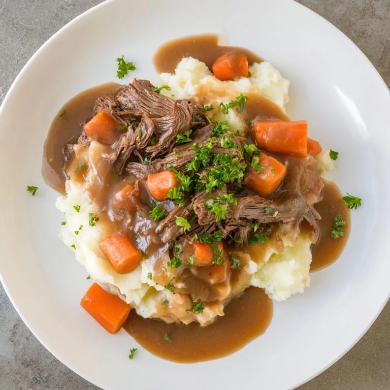 Hearty slow cooker pot roast, steaming on a plate, alongside a generous portion of mashed potatoes.