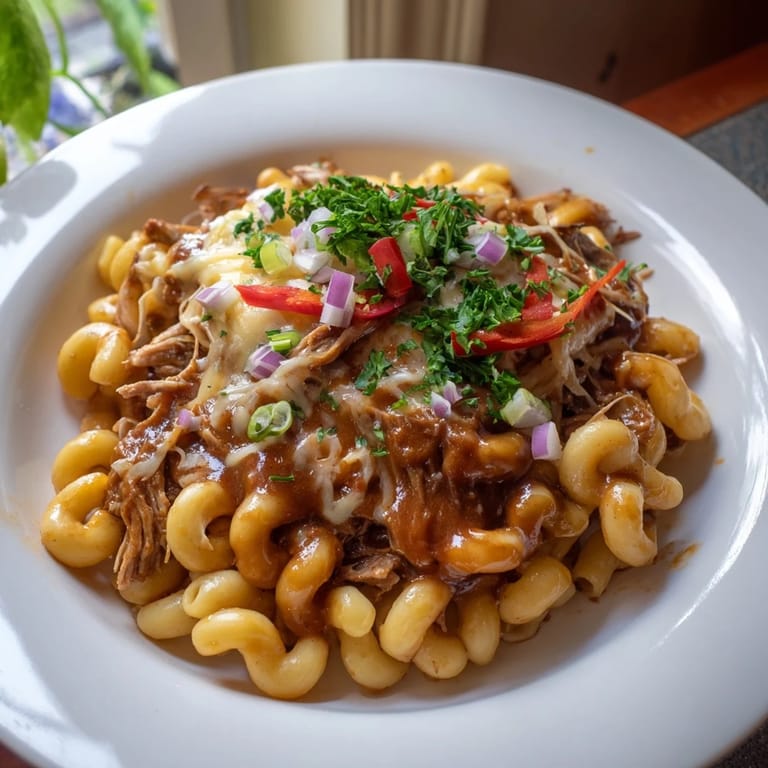 Close-up of a decadent BBQ Rib Macaroni Skillet, showcasing the creamy sauce and tender rib meat.