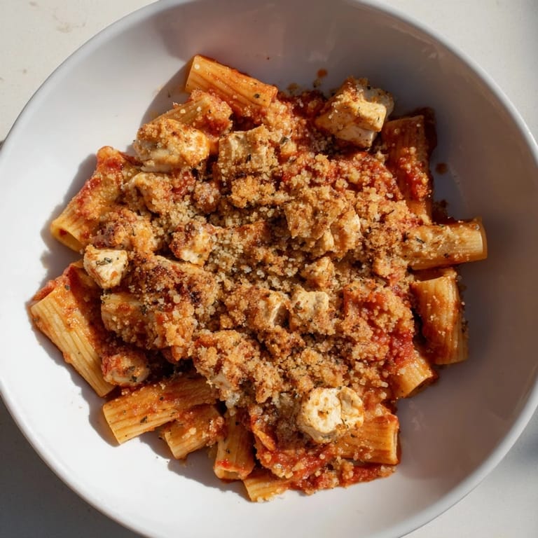 A close-up of a baking dish filled with Baked Chicken Parmesan Pasta, showing melted cheese and golden breadcrumbs.