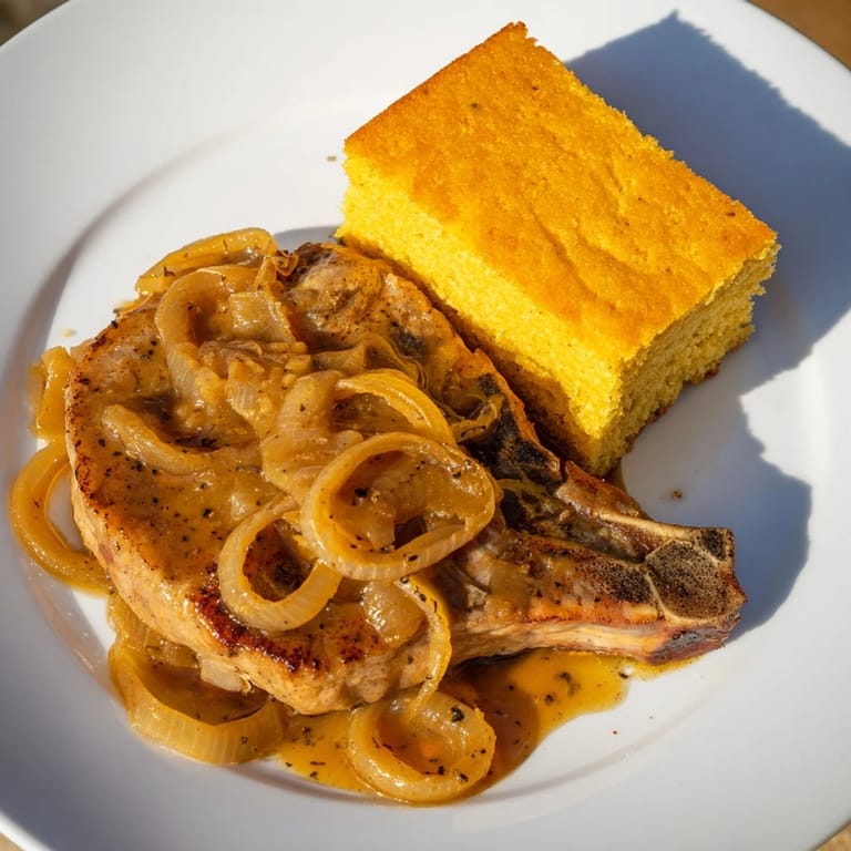 Hearty Southern smothered pork chops with golden cornbread, perfect for a cozy dinner.