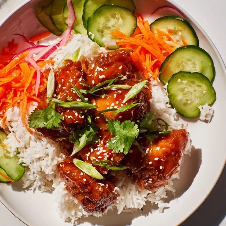 Close-up of a delicious Sriracha Honey Chicken Rice Bowl, showcasing the glazed chicken and colorful garnishes.