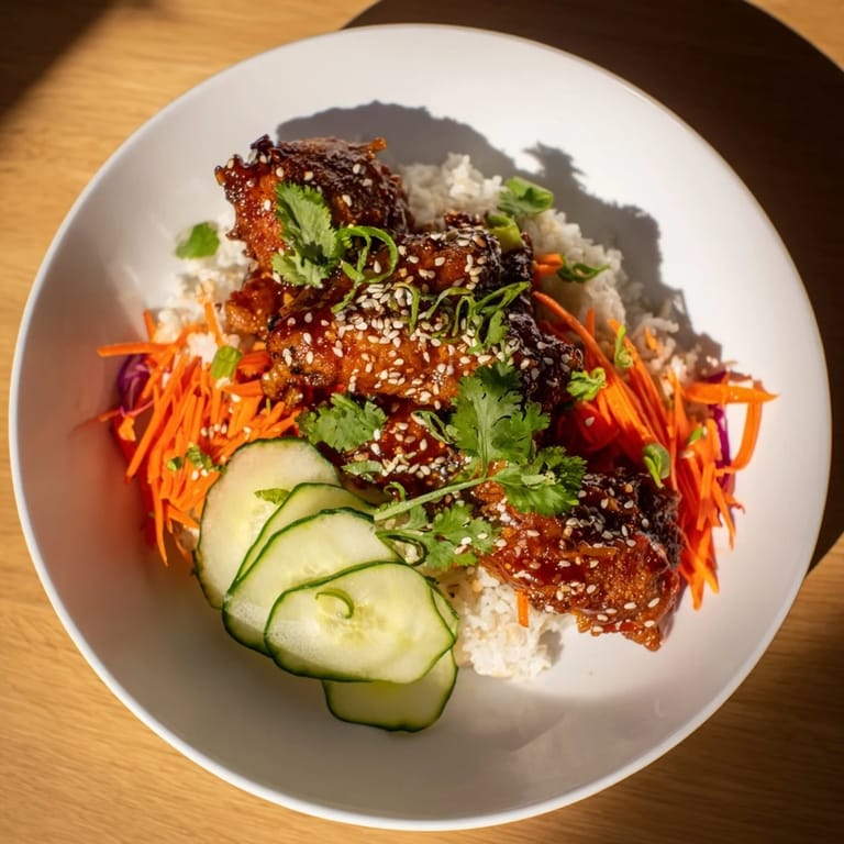 A steaming bowl of flavorful Sriracha Honey Chicken Rice, featuring tender chicken, fresh vegetables, and rice.